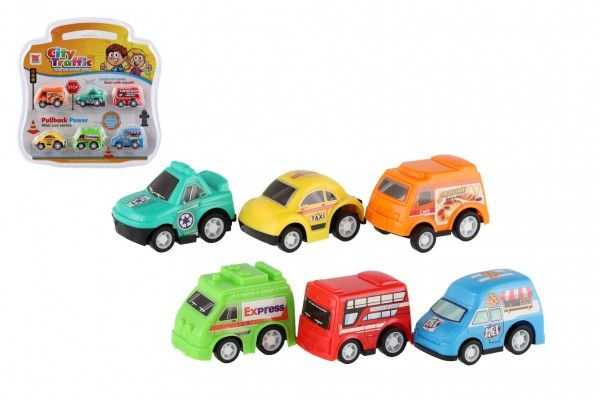 Auto 6ks mini plast 5cm na zpětné natažení v blistru Teddies