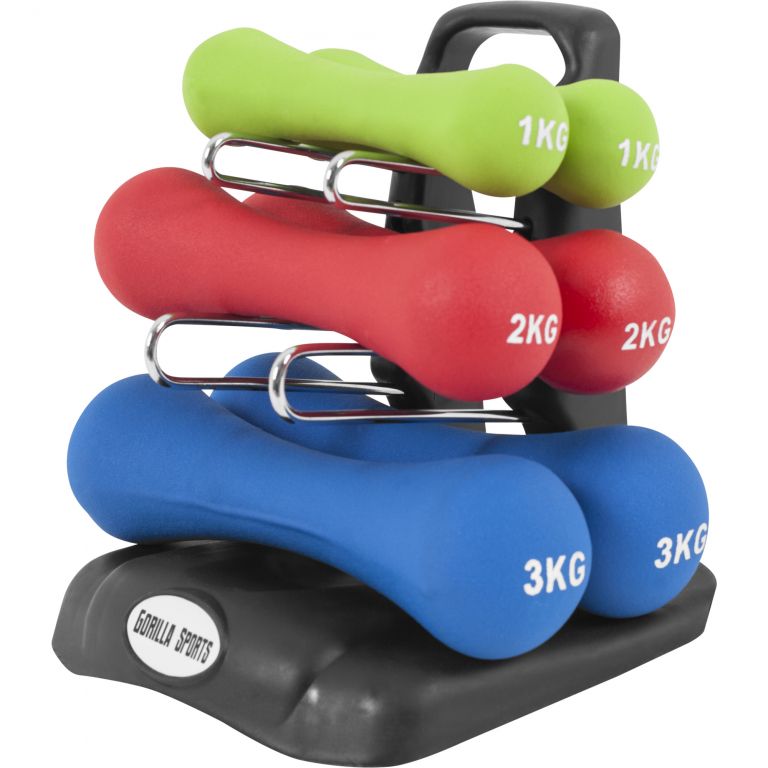 Gorilla Sports 12 kg ergonomický set jednoruček se stojanem Gorilla Sports